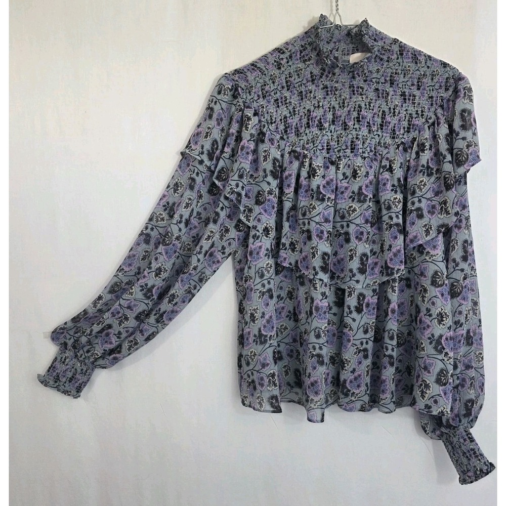 Cinq a sept L Gray Leaf Print Blouse Ruffled Long Sleeve Lined Ruching High Neck